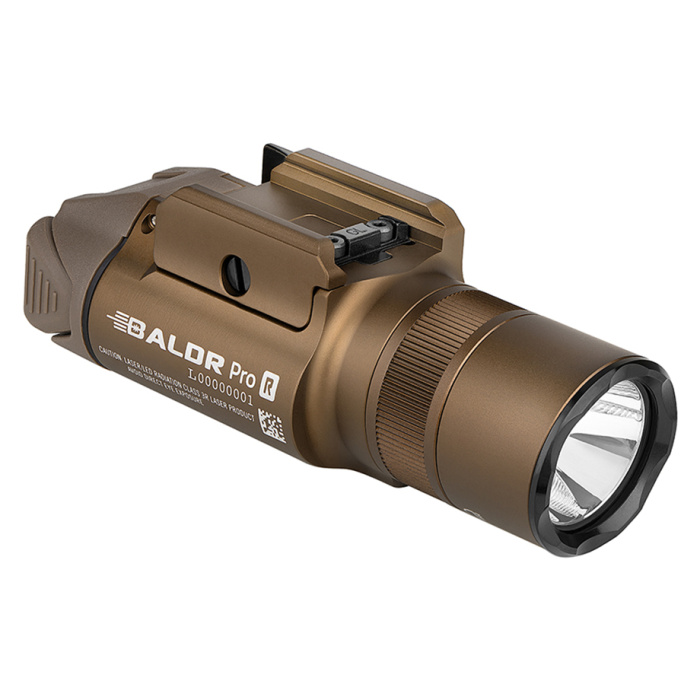 Latarka na broń z celownikiem laserowym Olight BALDR Pro R Desert Tan - 1350 lumenów, Green Laser