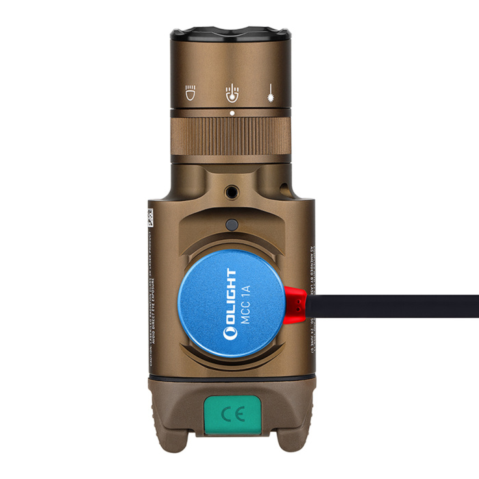 Latarka na broń z celownikiem laserowym Olight BALDR Pro R Desert Tan - 1350 lumenów, Green Laser